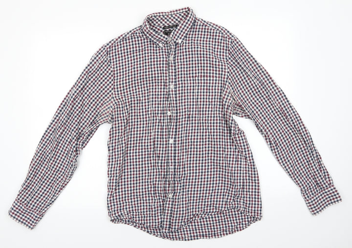 Florence and Fred Mens Blue Check Cotton Button-Up Size M Collared - Buttoned Collar Blue Brown White Checks