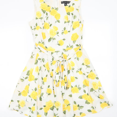 Mela Lover London Womens White Floral Polyester Fit & Flare  Size 10  Round Neck  - Back Zip Yellow Roses