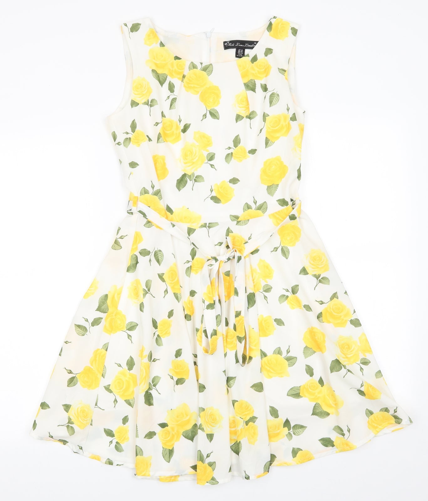 Mela Lover London Womens White Floral Polyester Fit & Flare  Size 10  Round Neck  - Back Zip Yellow Roses