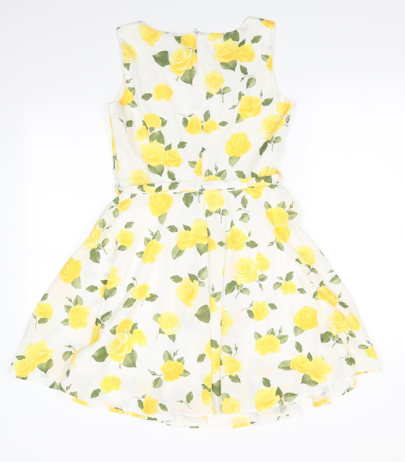 Mela Lover London Womens White Floral Polyester Fit & Flare  Size 10  Round Neck  - Back Zip Yellow Roses
