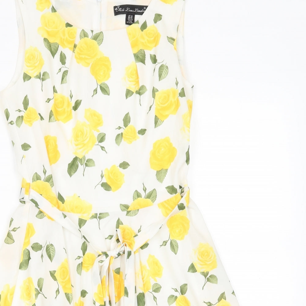 Mela Lover London Womens White Floral Polyester Fit & Flare  Size 10  Round Neck  - Back Zip Yellow Roses