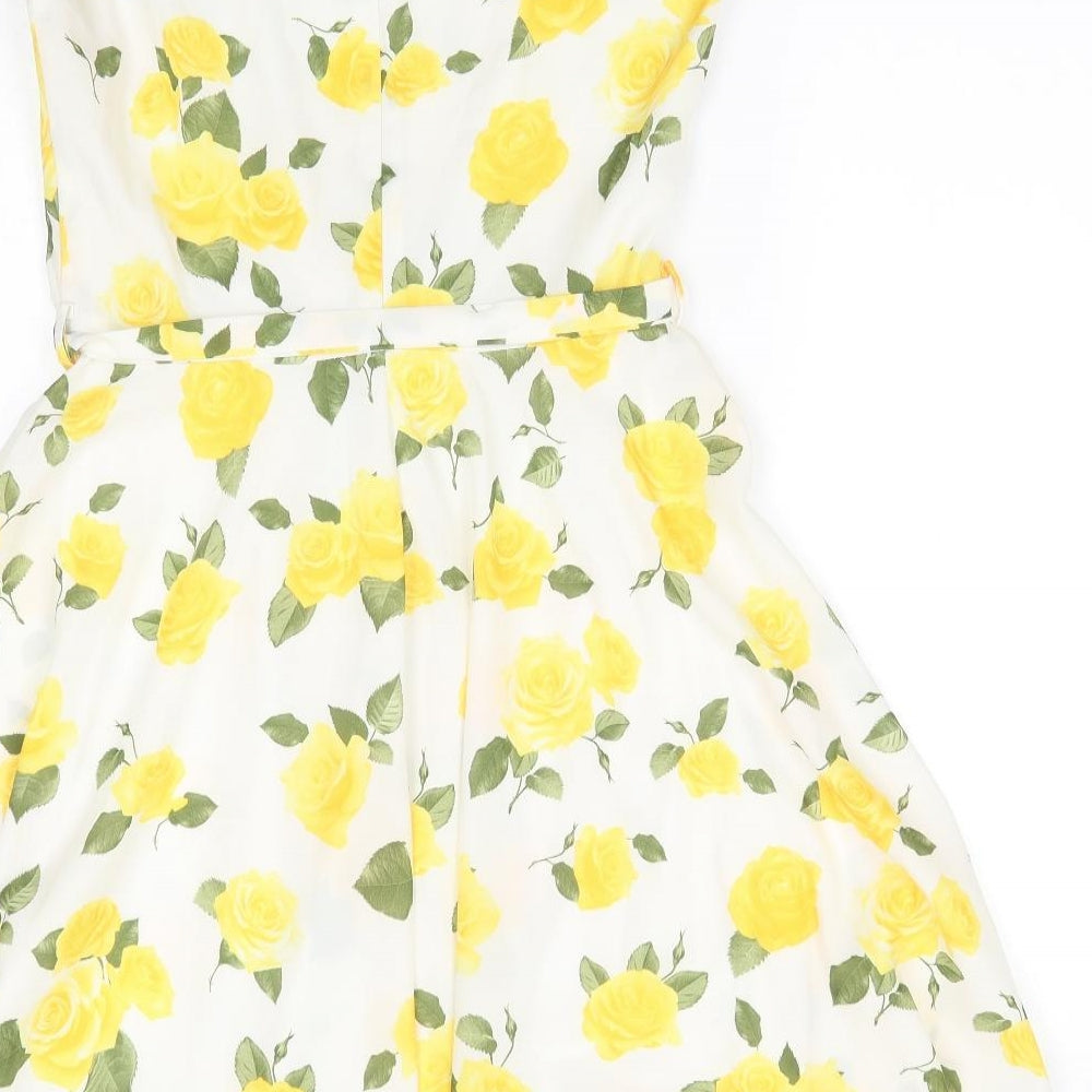 Mela Lover London Womens White Floral Polyester Fit & Flare  Size 10  Round Neck  - Back Zip Yellow Roses