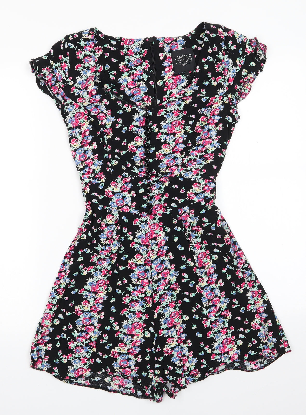Limited Edition New Look Womens Black Floral Viscose Shorts One-Piece Size 8   - Red Blue Yellow Flowers