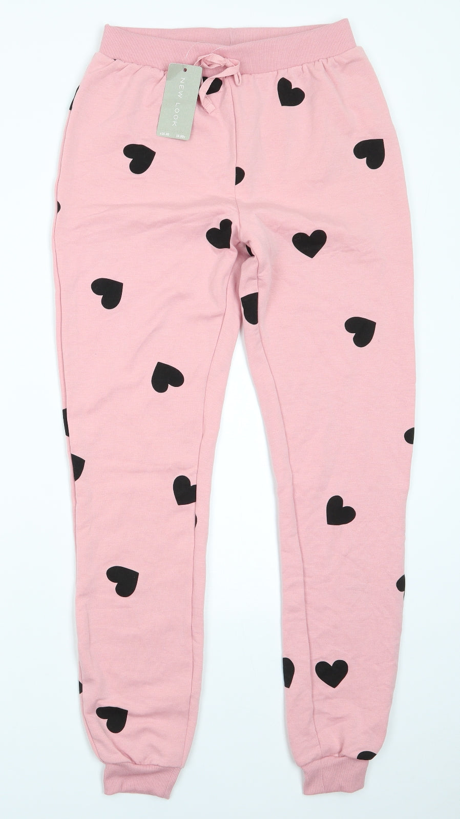 New Look Womens Pink Solid Polyester  Pyjama Pants Size 8   - Black Heart Print