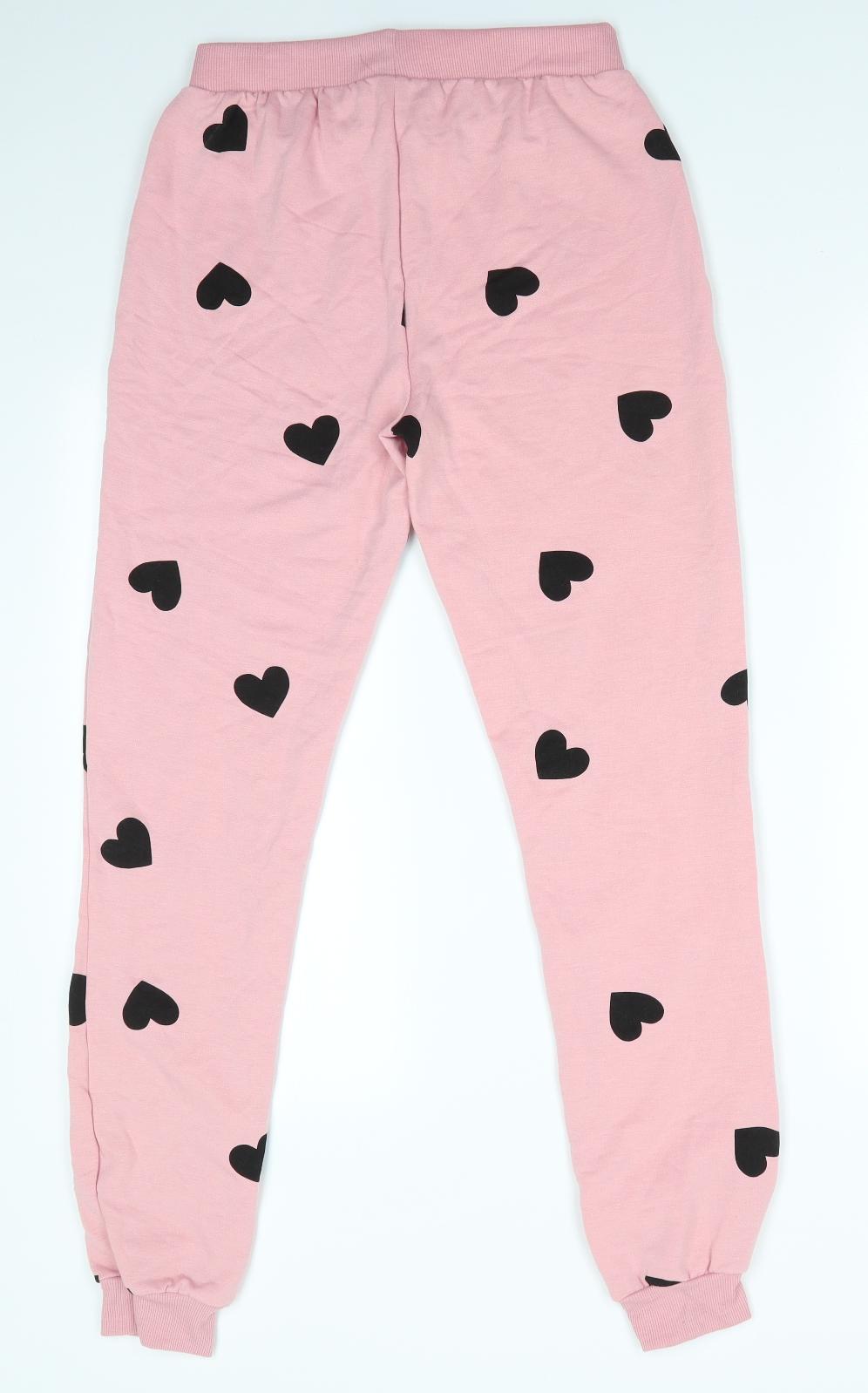 New Look Womens Pink Solid Polyester  Pyjama Pants Size 8   - Black Heart Print