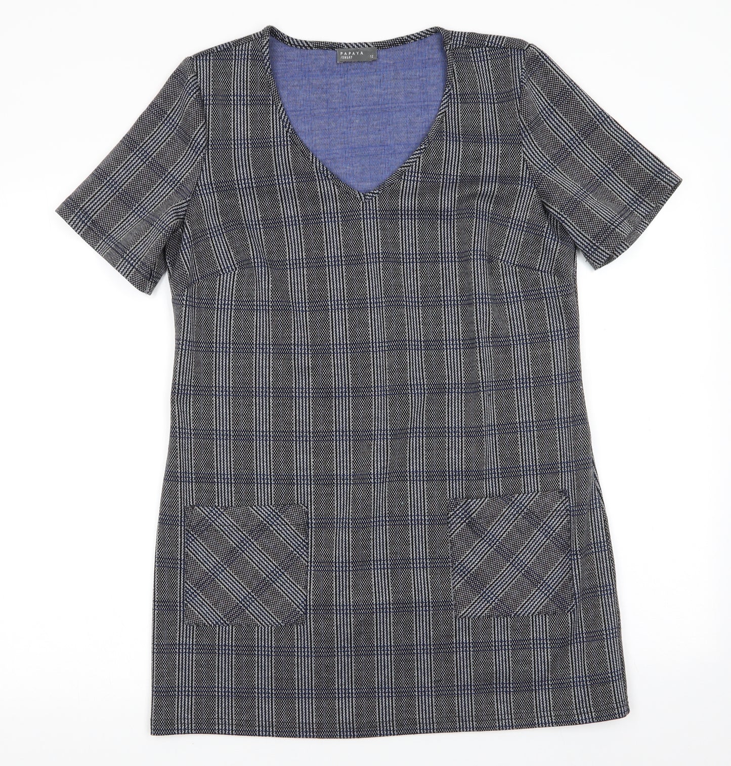 Papayaqgrey Womens Grey Check Polyester A-Line  Size 12  V-Neck