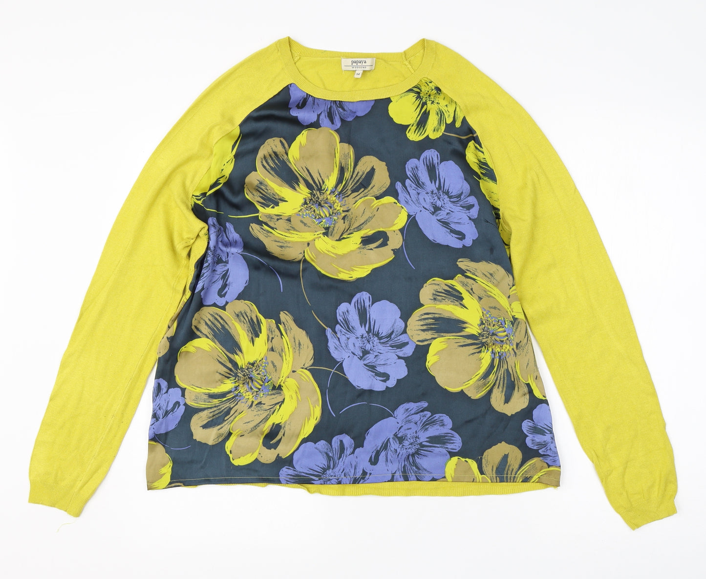 Papaya Womens Yellow Round Neck Floral Viscose Pullover Jumper Size 14