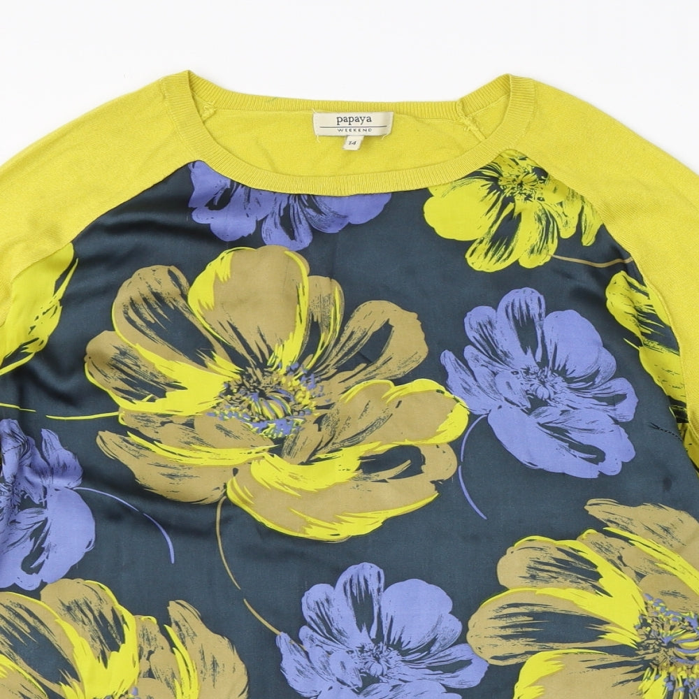 Papaya Womens Yellow Round Neck Floral Viscose Pullover Jumper Size 14