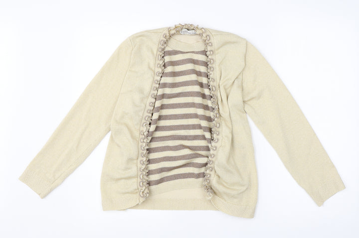 Future Lady Womens Beige Round Neck Striped Elastane Cardigan Jumper Size M