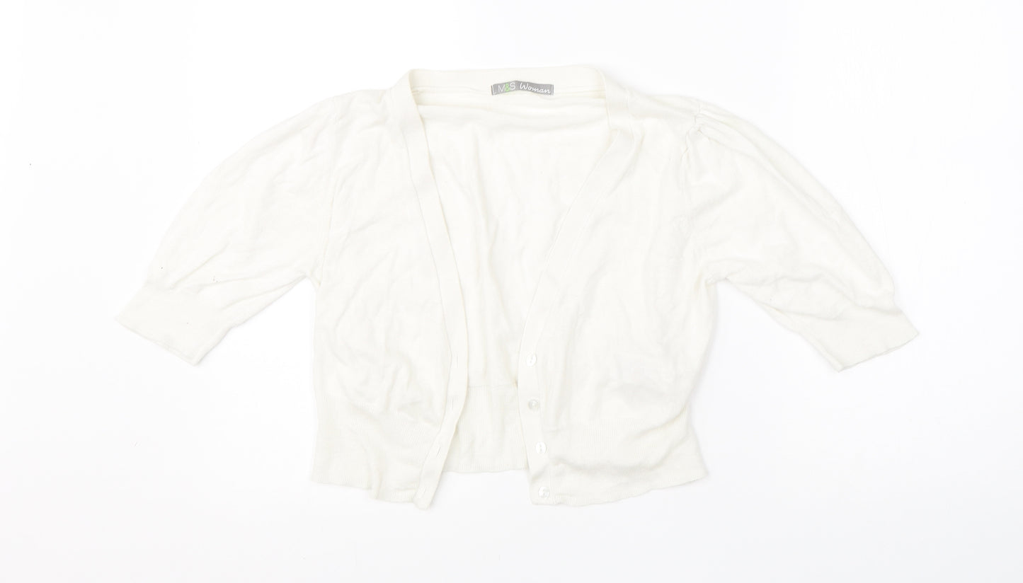 M&S Womens White Round Neck  Cotton Cardigan Jumper Size 14