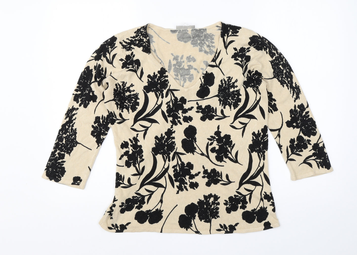BHS Womens Beige V-Neck Floral Acrylic Pullover Jumper Size 14