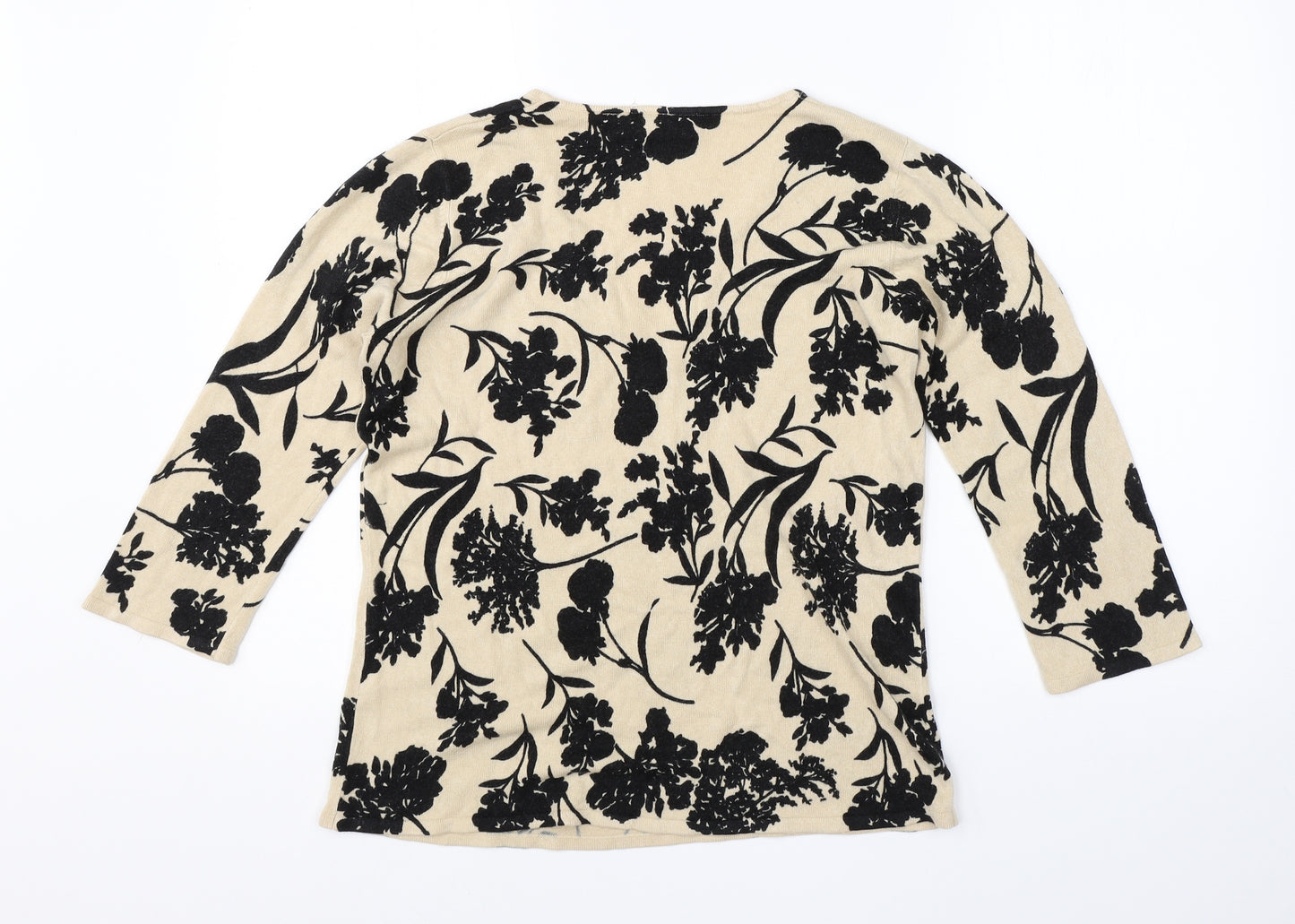 BHS Womens Beige V-Neck Floral Acrylic Pullover Jumper Size 14