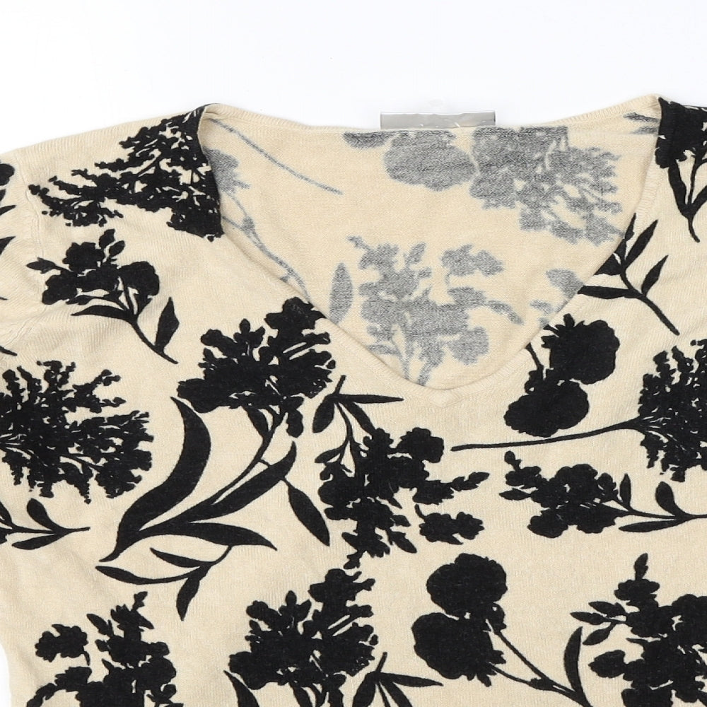 BHS Womens Beige V-Neck Floral Acrylic Pullover Jumper Size 14