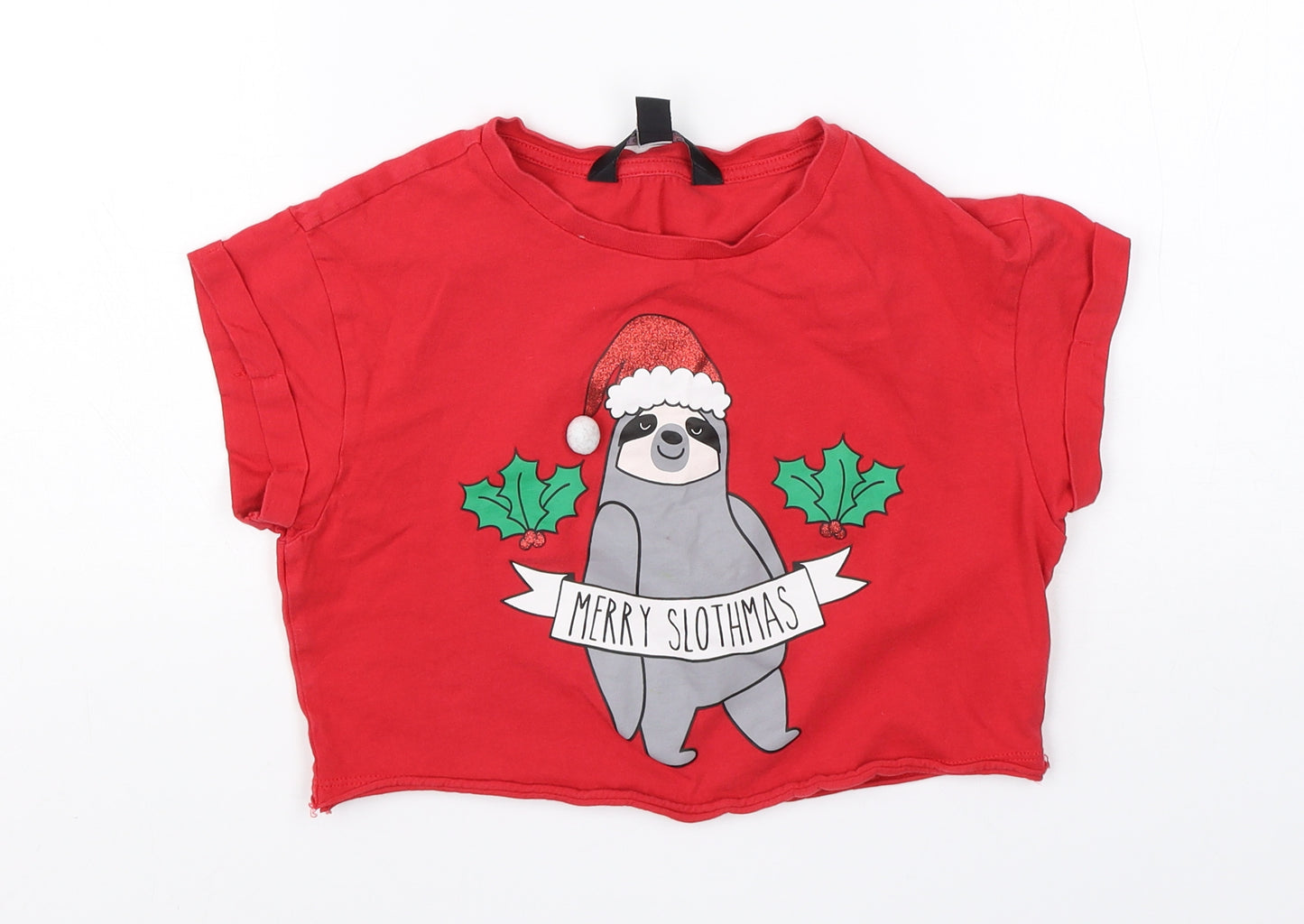 New Look Girls Red  Cotton Cropped T-Shirt Size 9 Years Round Neck  - christmas sloth