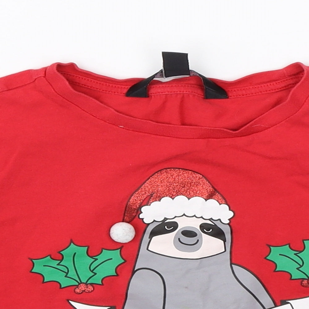 New Look Girls Red  Cotton Cropped T-Shirt Size 9 Years Round Neck  - christmas sloth