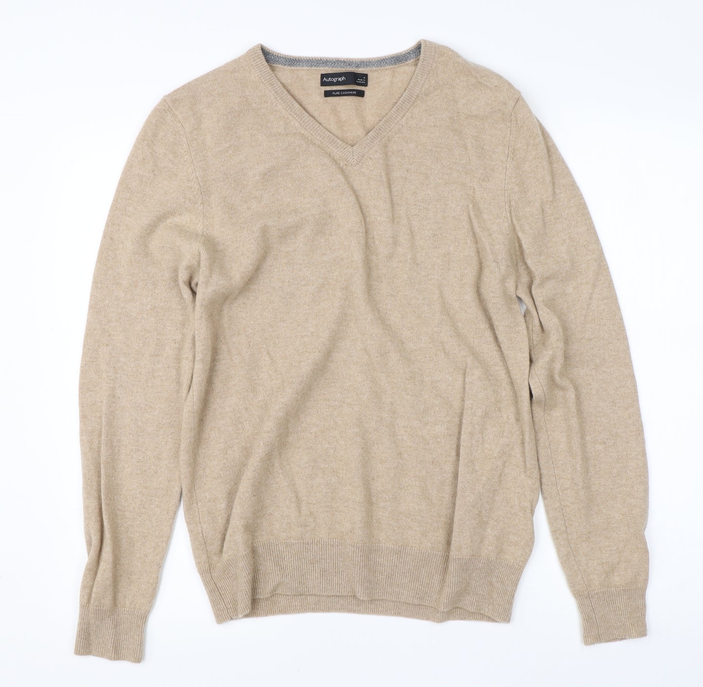M&S Mens Beige V-Neck  Cashmere Pullover Jumper Size L