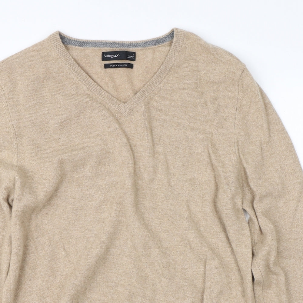 M&S Mens Beige V-Neck  Cashmere Pullover Jumper Size L