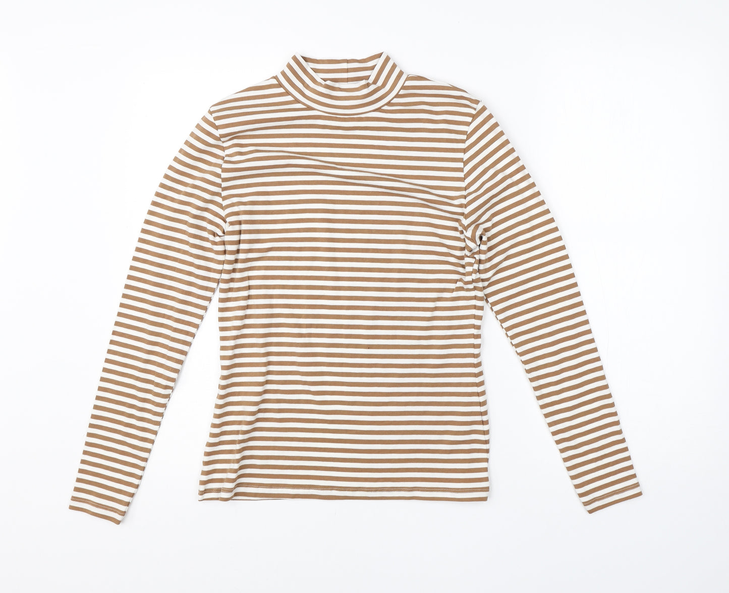 M&S Womens Brown High Neck Striped Polyester Pullover Jumper Size 10