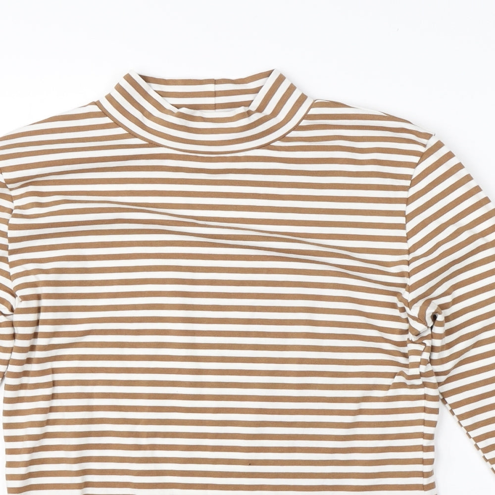M&S Womens Brown High Neck Striped Polyester Pullover Jumper Size 10