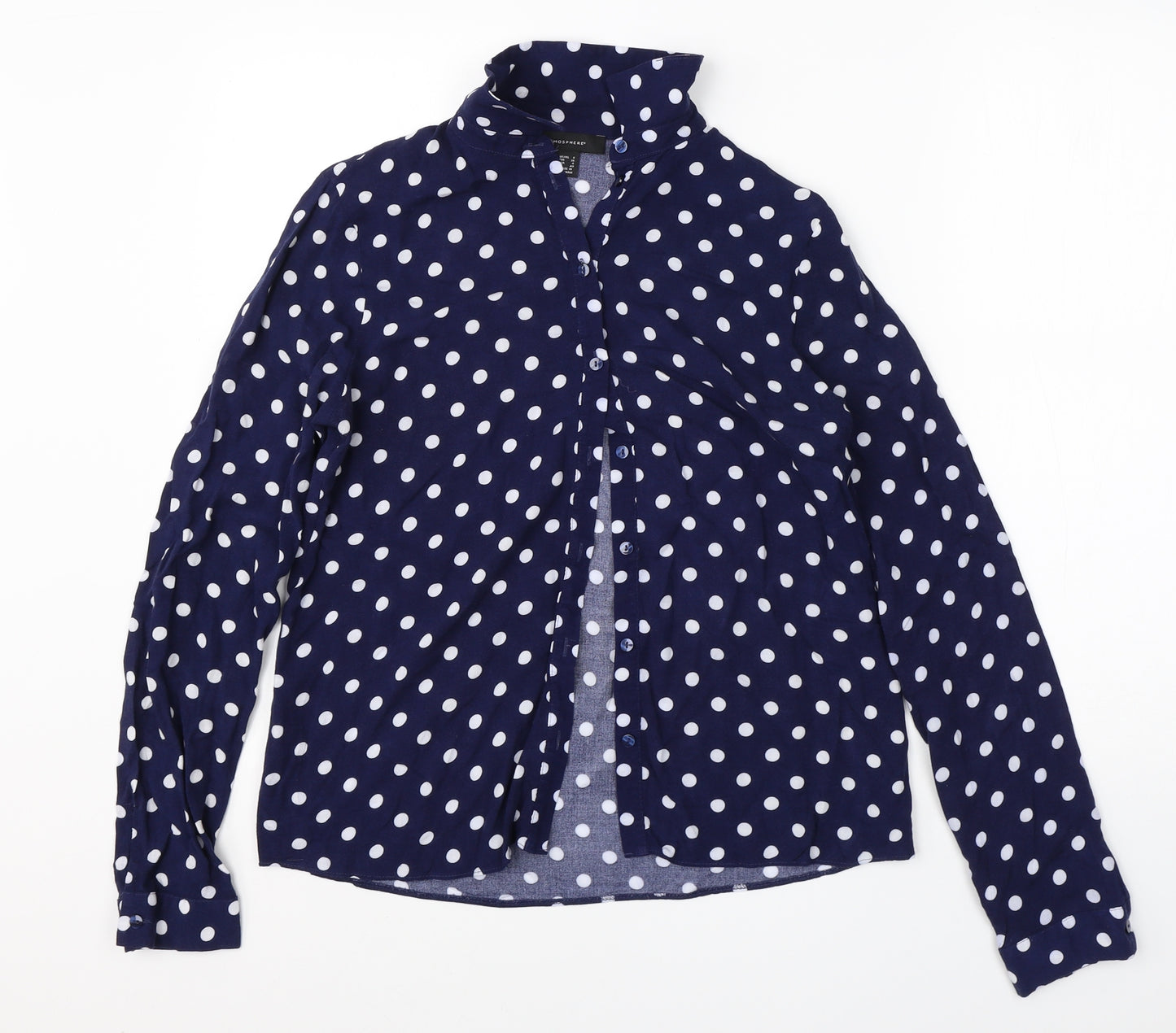 Atmosphere Womens Blue Polka Dot Viscose Basic Button-Up Size 8 Collared