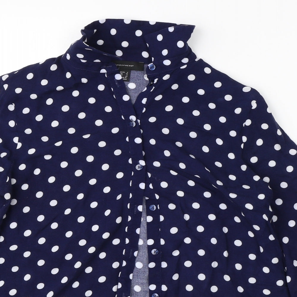 Atmosphere Womens Blue Polka Dot Viscose Basic Button-Up Size 8 Collared