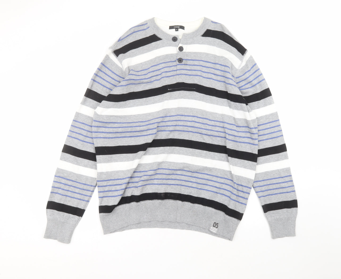 George Mens Grey Round Neck Striped Cotton Pullover Jumper Size XL