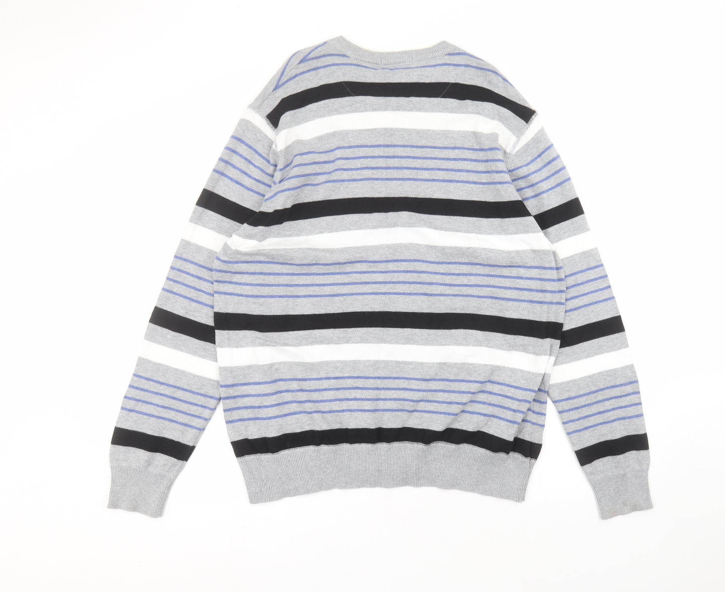 George Mens Grey Round Neck Striped Cotton Pullover Jumper Size XL