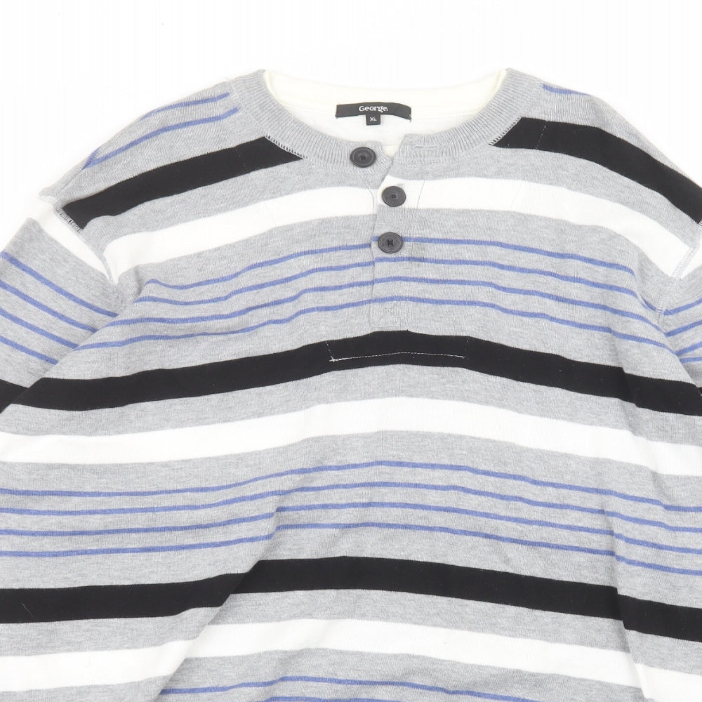 George Mens Grey Round Neck Striped Cotton Pullover Jumper Size XL
