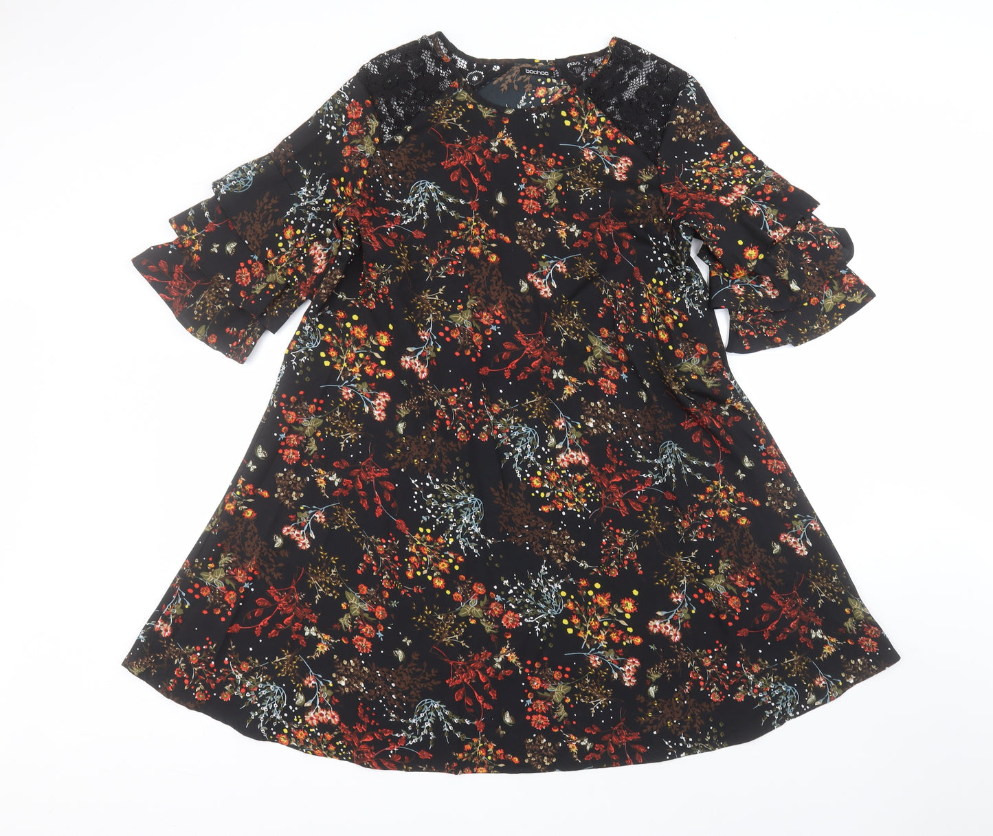 Boohoo Womens Black Floral Polyester A-Line  Size 14  Round Neck