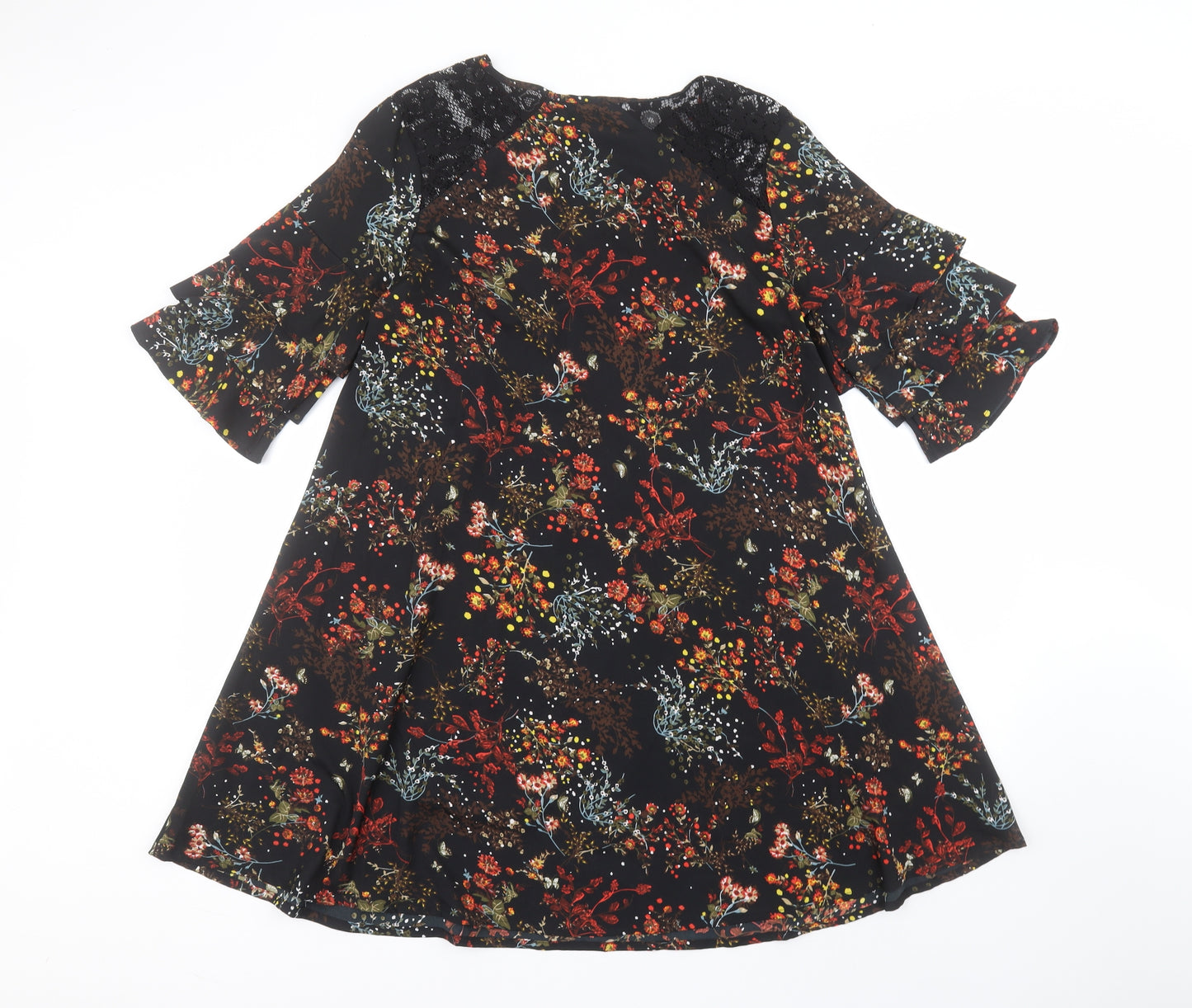 Boohoo Womens Black Floral Polyester A-Line  Size 14  Round Neck