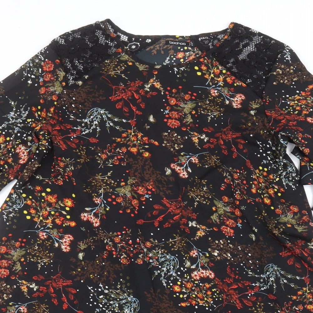 Boohoo Womens Black Floral Polyester A-Line  Size 14  Round Neck