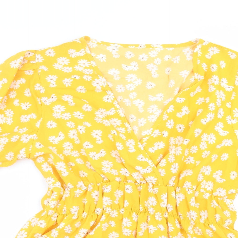 SheIn Womens Yellow Floral Polyester Basic Blouse Size XL Round Neck