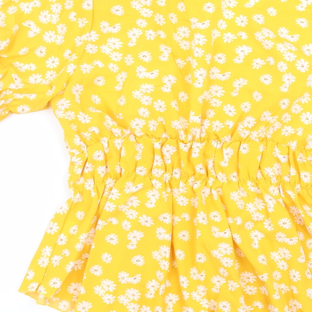 SheIn Womens Yellow Floral Polyester Basic Blouse Size XL Round Neck