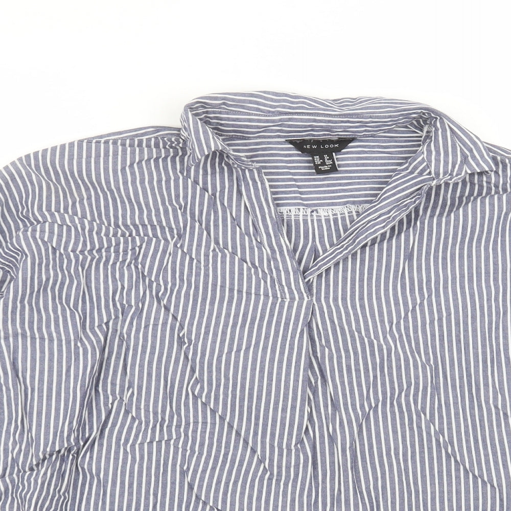 New Look Womens Blue Striped Cotton Basic Blouse Size 12 Collared