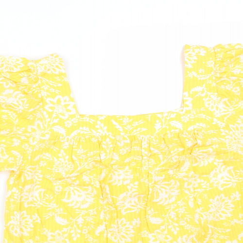 F&F Womens Yellow Floral Cotton Basic T-Shirt Size 8 Square Neck