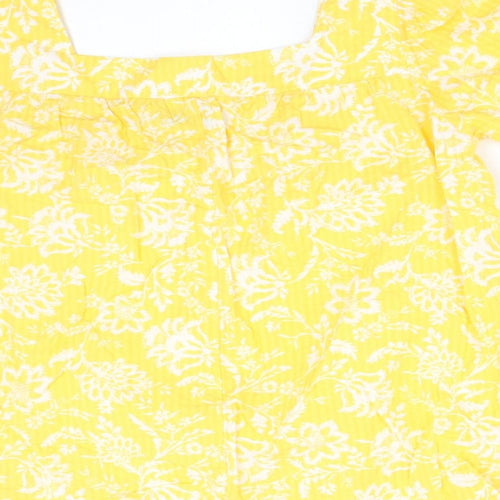 F&F Womens Yellow Floral Cotton Basic T-Shirt Size 8 Square Neck