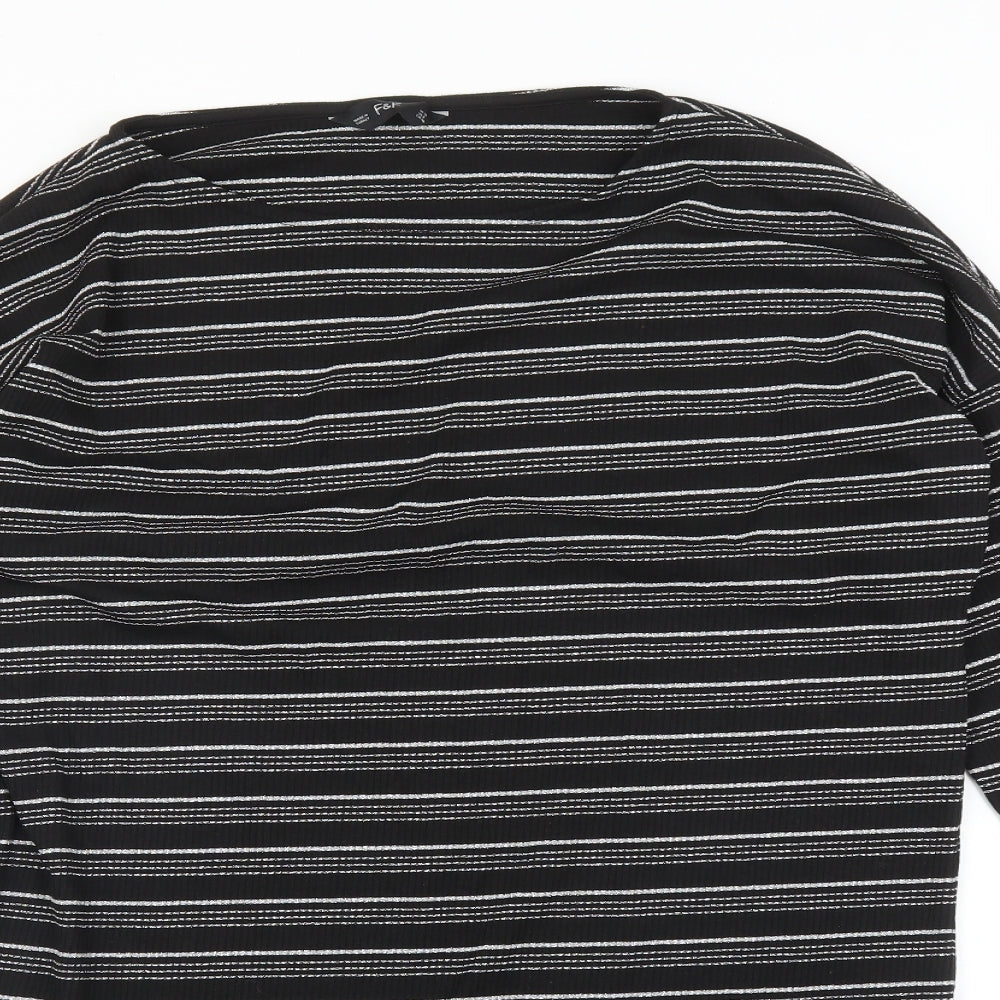 F&F Womens Black Striped Polyester Basic T-Shirt Size 12 Round Neck