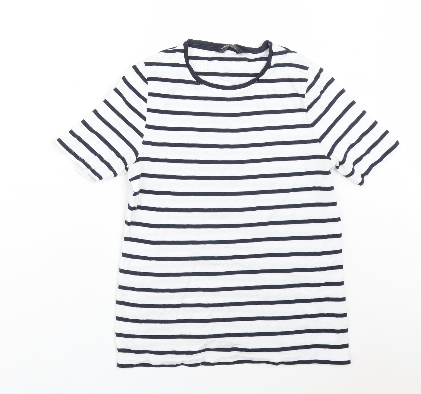 M&S Womens Multicoloured Striped Cotton Basic T-Shirt Size 14 Round Neck