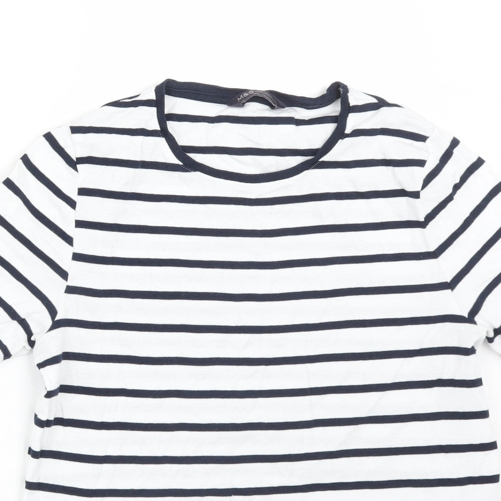 M&S Womens Multicoloured Striped Cotton Basic T-Shirt Size 14 Round Neck