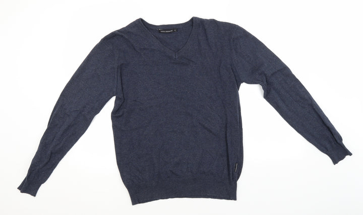 French Connection Mens Blue V-Neck  Cotton Pullover Jumper Size M