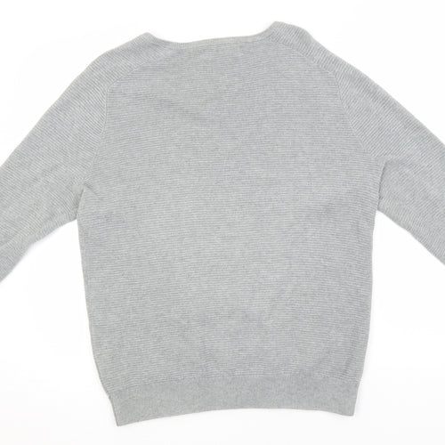 Nigel Hall Womens Grey Round Neck Striped Cotton Pullover Jumper Size M