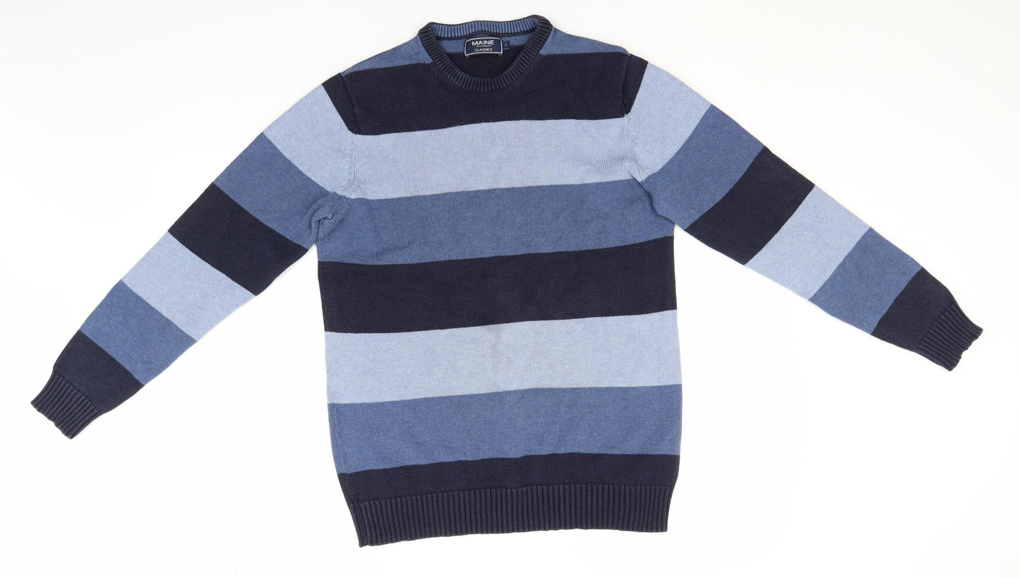 Maine Mens Blue Round Neck Striped Cotton Pullover Jumper Size S