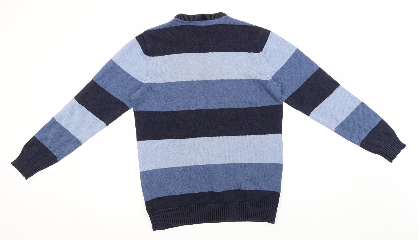 Maine Mens Blue Round Neck Striped Cotton Pullover Jumper Size S