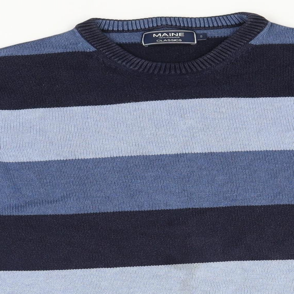 Maine Mens Blue Round Neck Striped Cotton Pullover Jumper Size S
