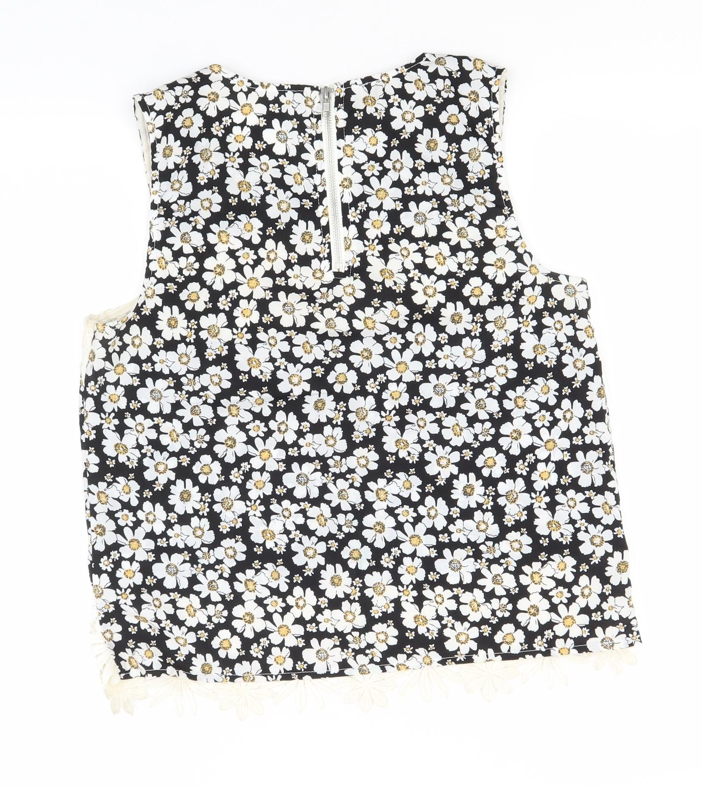 Preworn Womens Black Floral Polyester Basic Tank Size 12 Round Neck