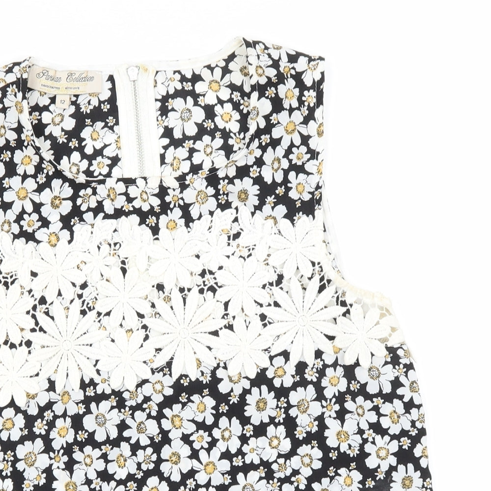 Preworn Womens Black Floral Polyester Basic Tank Size 12 Round Neck