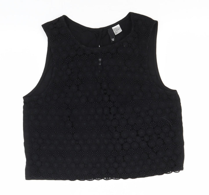 Divided Womens Black Floral Cotton Basic Tank Size 12 Round Neck