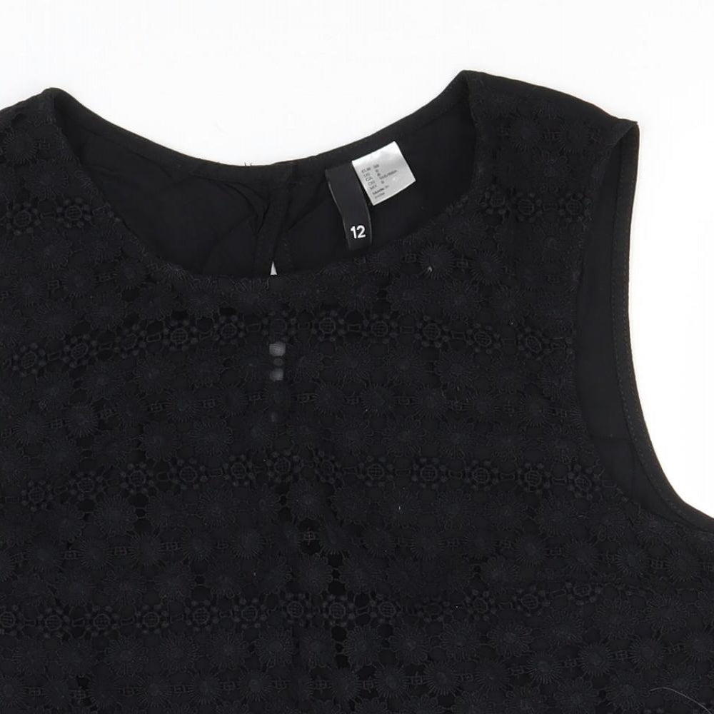 Divided Womens Black Floral Cotton Basic Tank Size 12 Round Neck