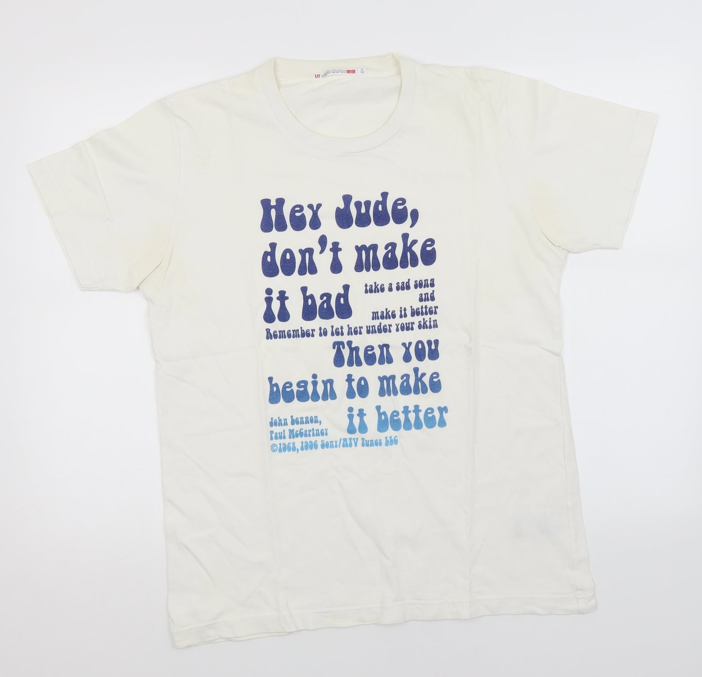 Uniqlo Mens White  Cotton  T-Shirt Size L Round Neck  - Hey Jude