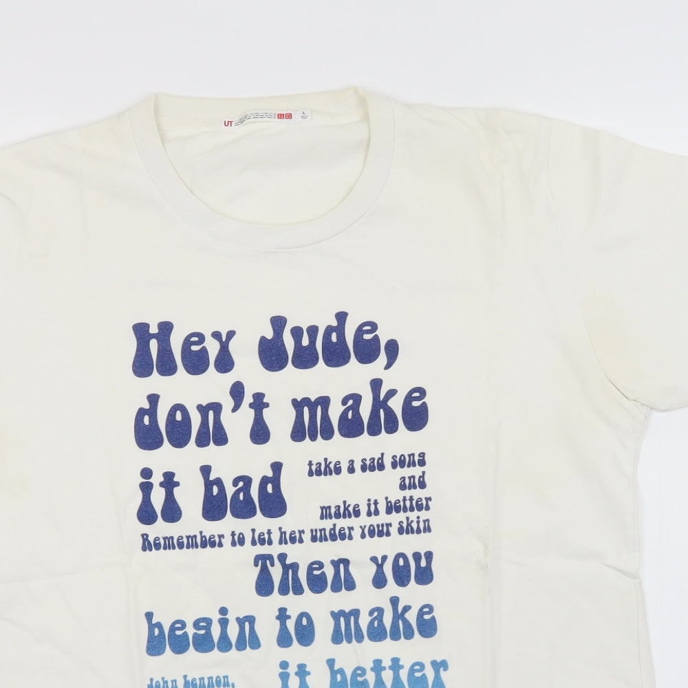 Uniqlo Mens White  Cotton  T-Shirt Size L Round Neck  - Hey Jude